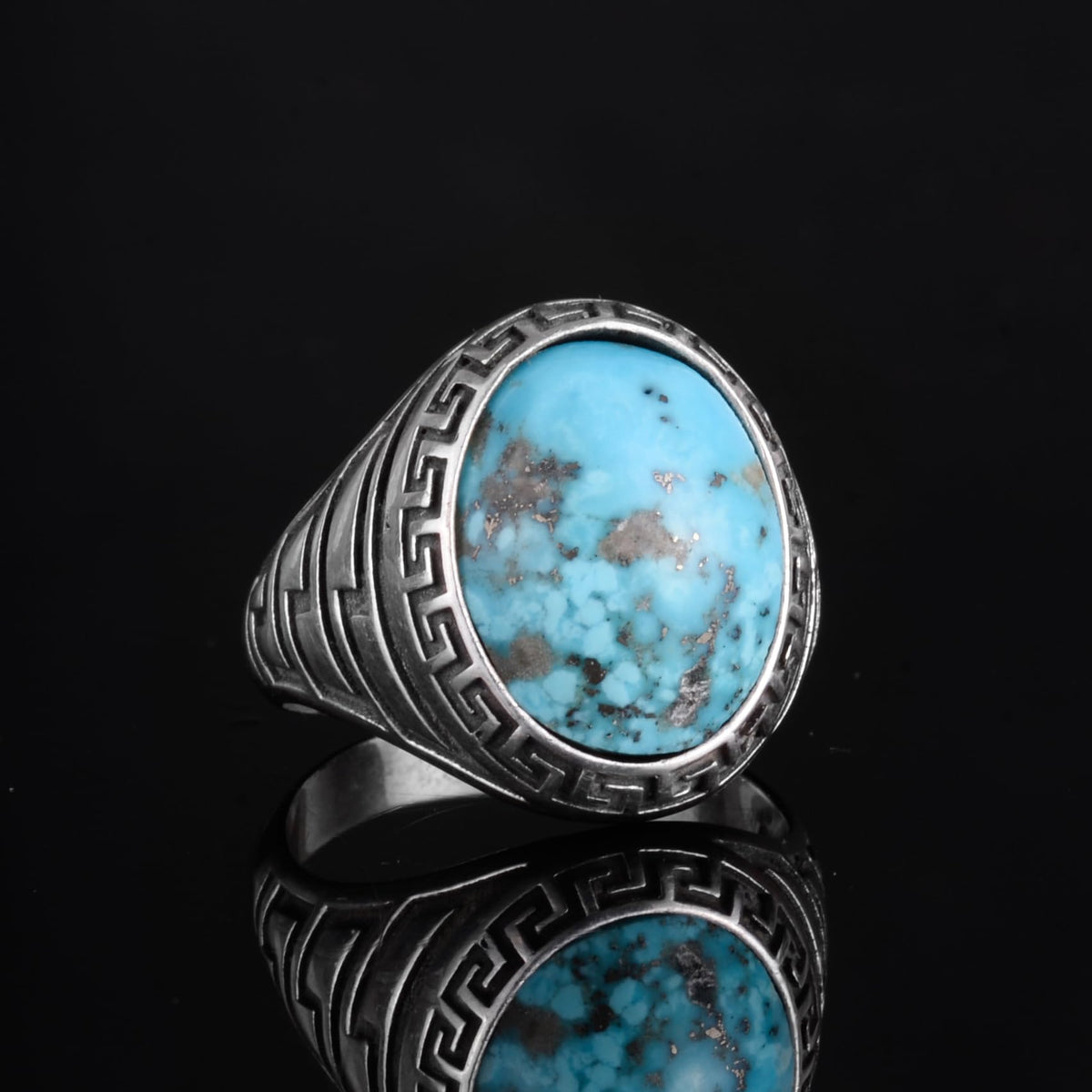 KAMBO Men's Natural Turquoise Stone Ring – 925 Sterling Silver Ring with Maze Side Designs – Handmade Minimalist Descriptive Jewelry (Style-3) — 6