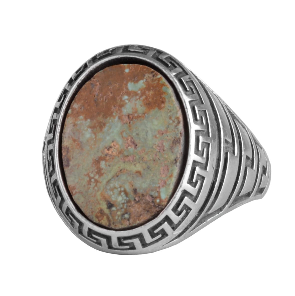 KAMBO Men's Natural Turquoise Stone Ring – 925 Sterling Silver Ring with Maze Side Designs – Handmade Minimalist Expression Jewelry