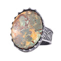 KAMBO Natural Arizona Turquoise Stone Large Men's Ring 925 Sterling Silver Crown Frame Oval Cabochon Ottoman Pattern Handmade Statement Ring (Turquoise-4)
