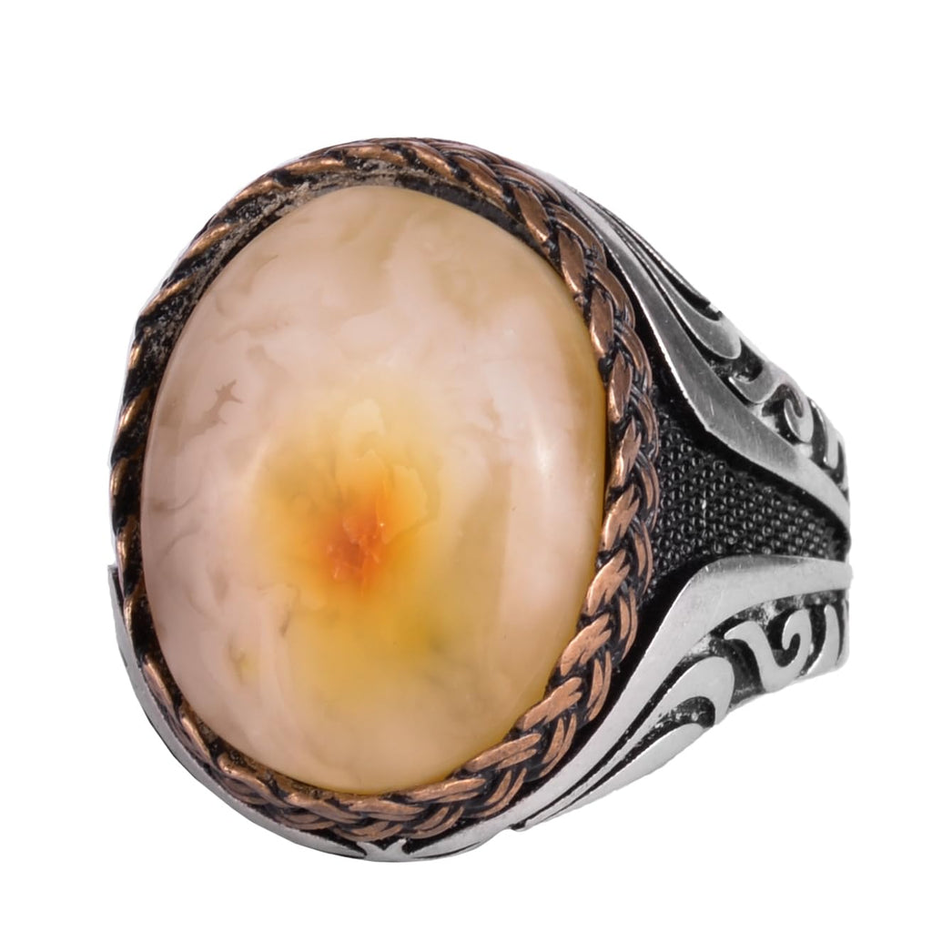 KAMBO Men's Natural Baltic Amber Stone Ring – 925 Sterling Silver Handmade Statement Ring – Authentic Amber Jewelry with Ottoman Style Details (Style-5)