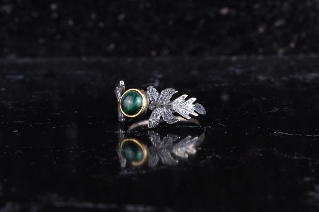 KAMBO Natural Malachite Stone Women's Ring 925 Sterling Silver Leaf Design Adjustable Handmade Ring — 5