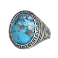 KAMBO Men's Natural Turquoise Stone Ring – 925 Sterling Silver Ring with Maze Side Designs – Handmade Minimalist Descriptive Jewelry (Style-3)