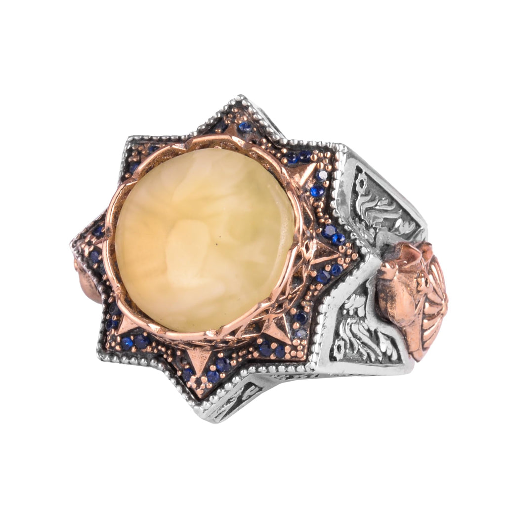 KAMBO 925 Sterling Silver Natural Amber Stone Large Ring – Handmade Men's Jewelry with Star Frame Design (Style-1)