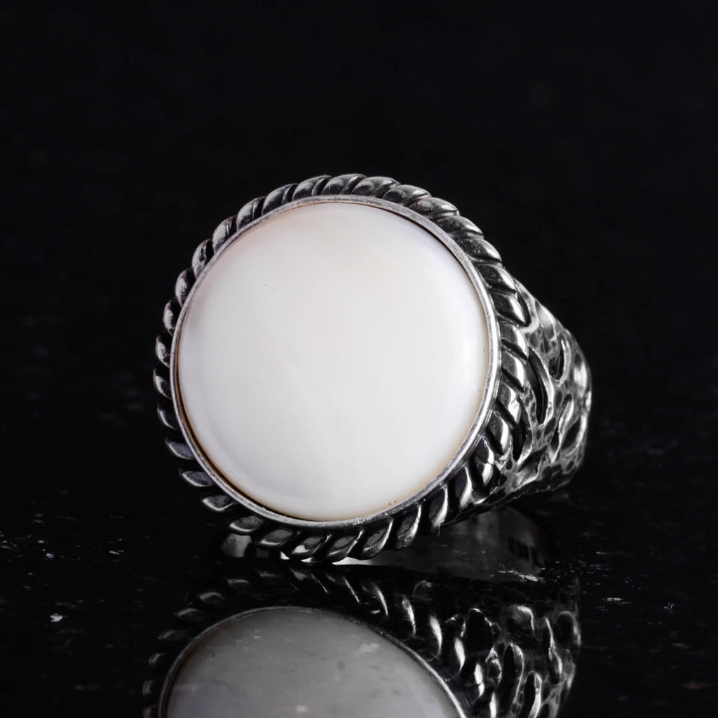 Real Natural Mother of Pearl Stone Ring - 925 Sterling Solid Silver Men's Ring — 4