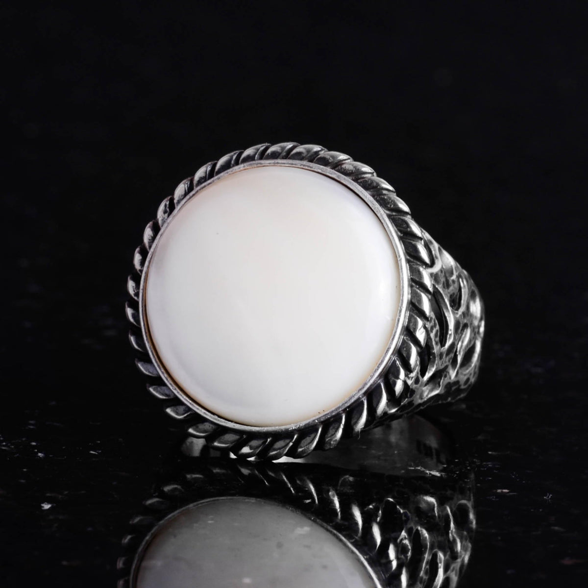 Real Natural Mother of Pearl Stone Ring - 925 Sterling Solid Silver Men's Ring — 4