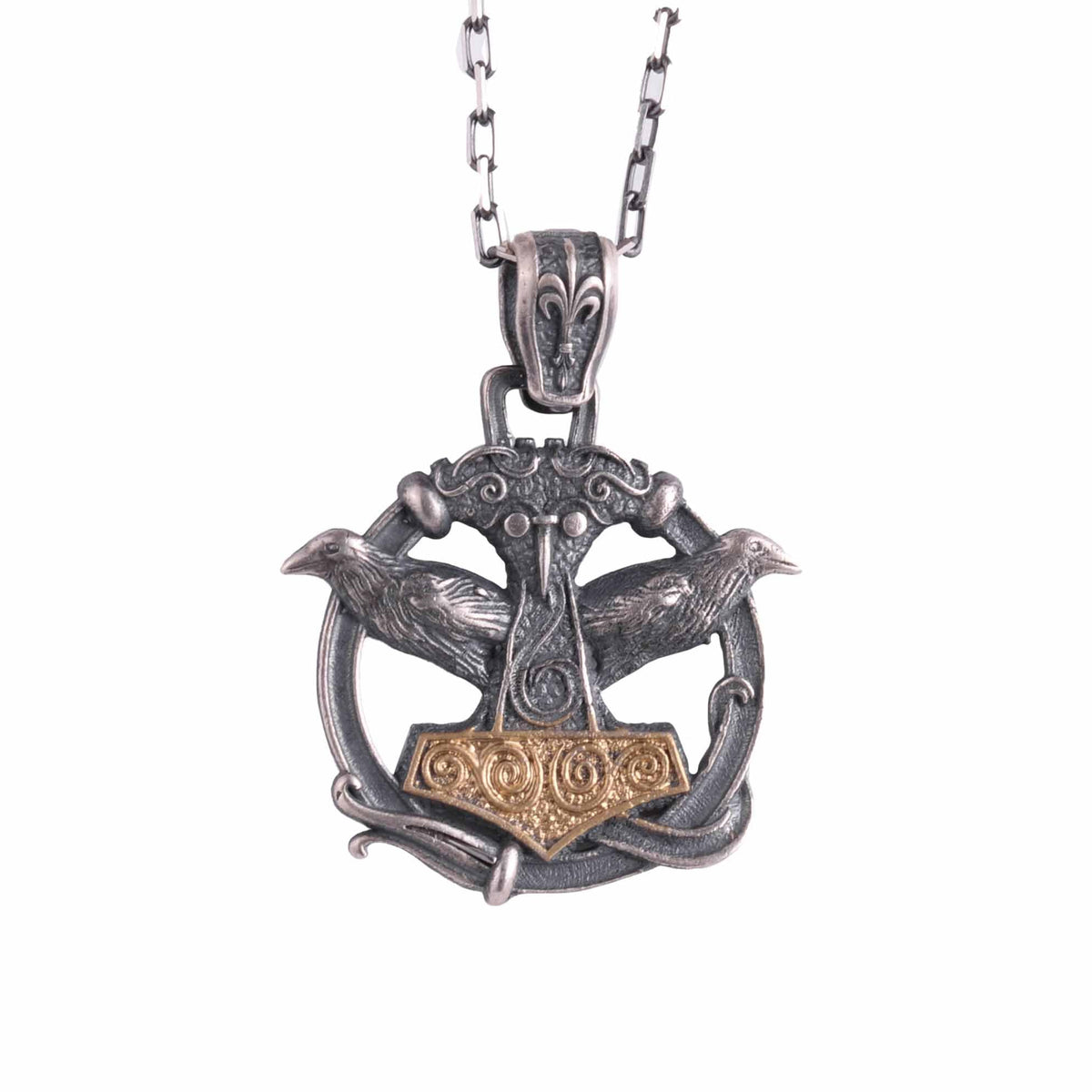 KAMBO 925 Sterling Silver Odin's Ravens Necklace – Huginn & Muninn Viking Mjölnir Protection Amulet (Gold Plated)