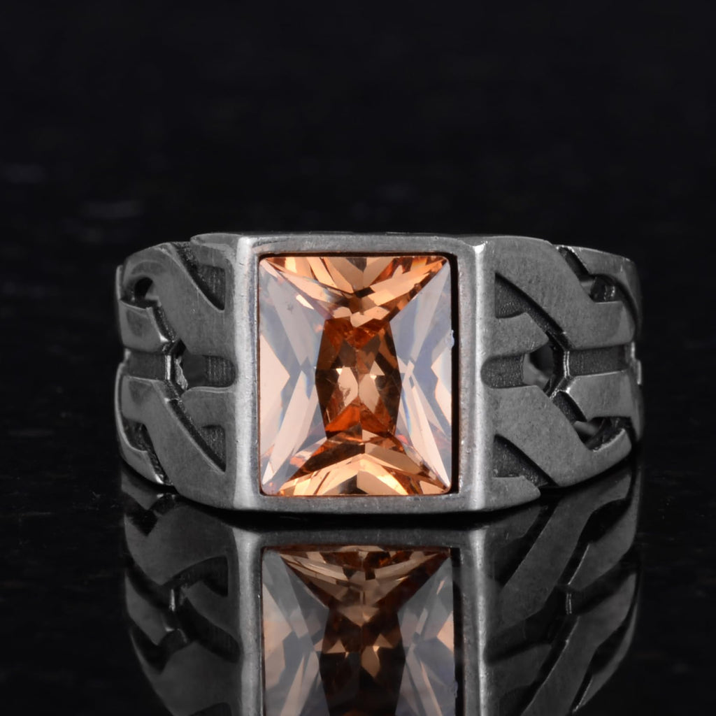 Kambo Greek Pattern Silver Ring - Handcrafted Ring with Synthetic Citrine Stone — 3