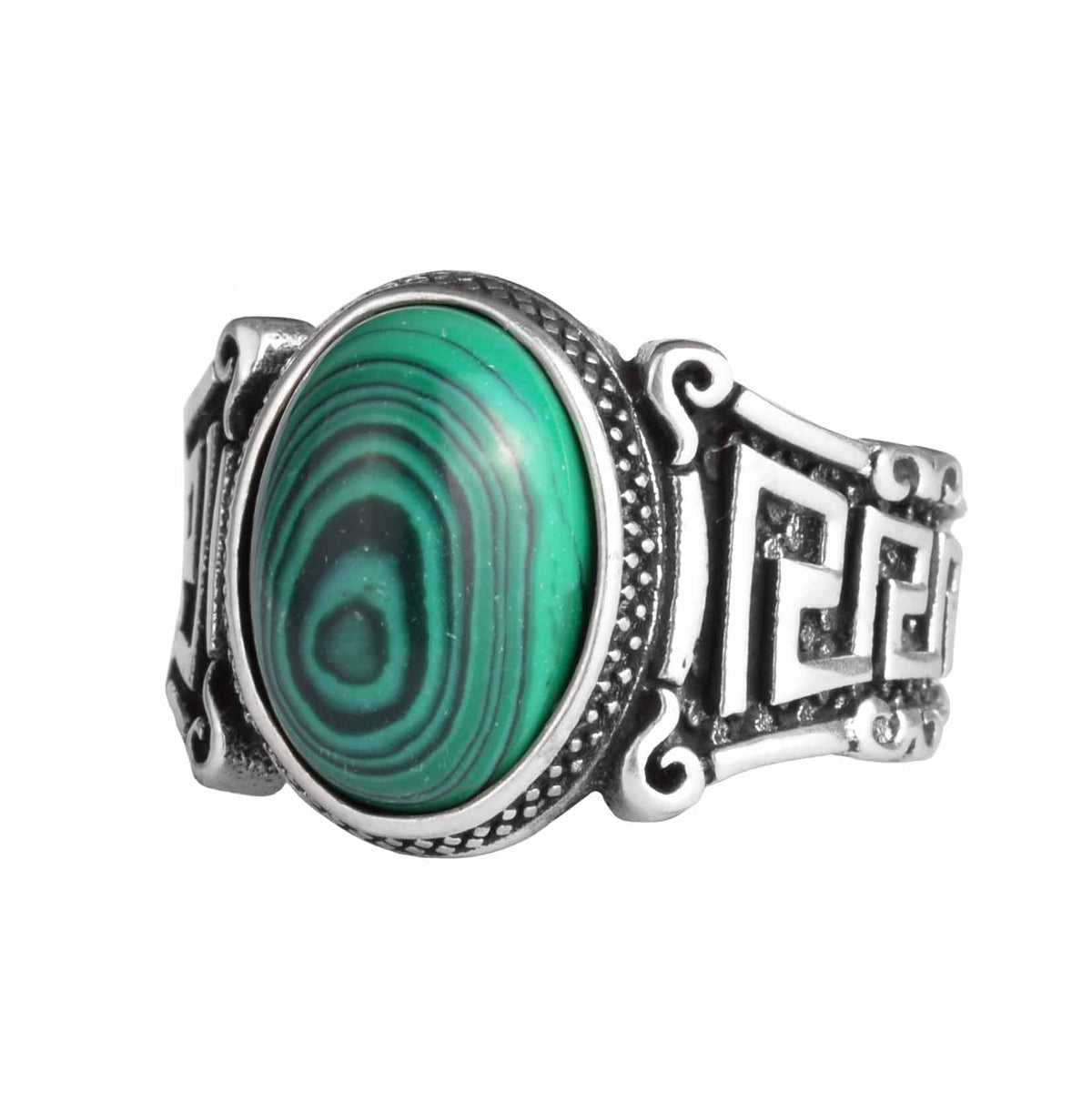 KAMBO 925 Sterling Silver Natural Stone Men's Ring – Labyrinth Pattern Handmade Vintage Statement Ring (Malachite)