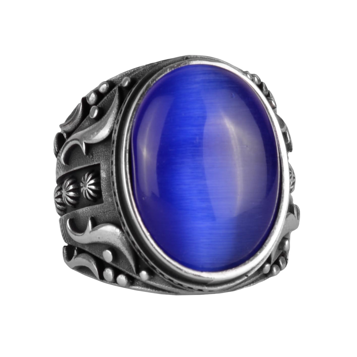 925 Sterling Silver Design Men's Ring (Navy Cat's Eye Stone)