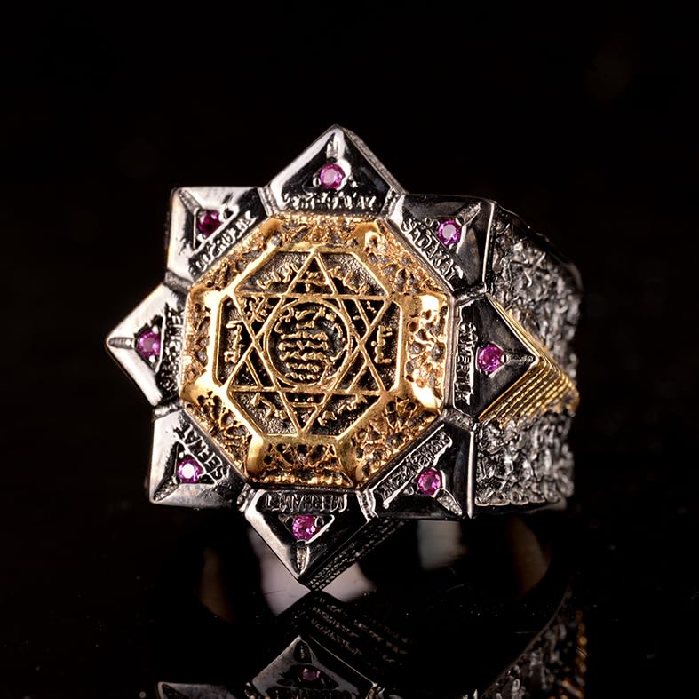 925 Sterling Silver Men's Ring - Red Zircon Stone, Star of David and Seal of Solomon Design — 4