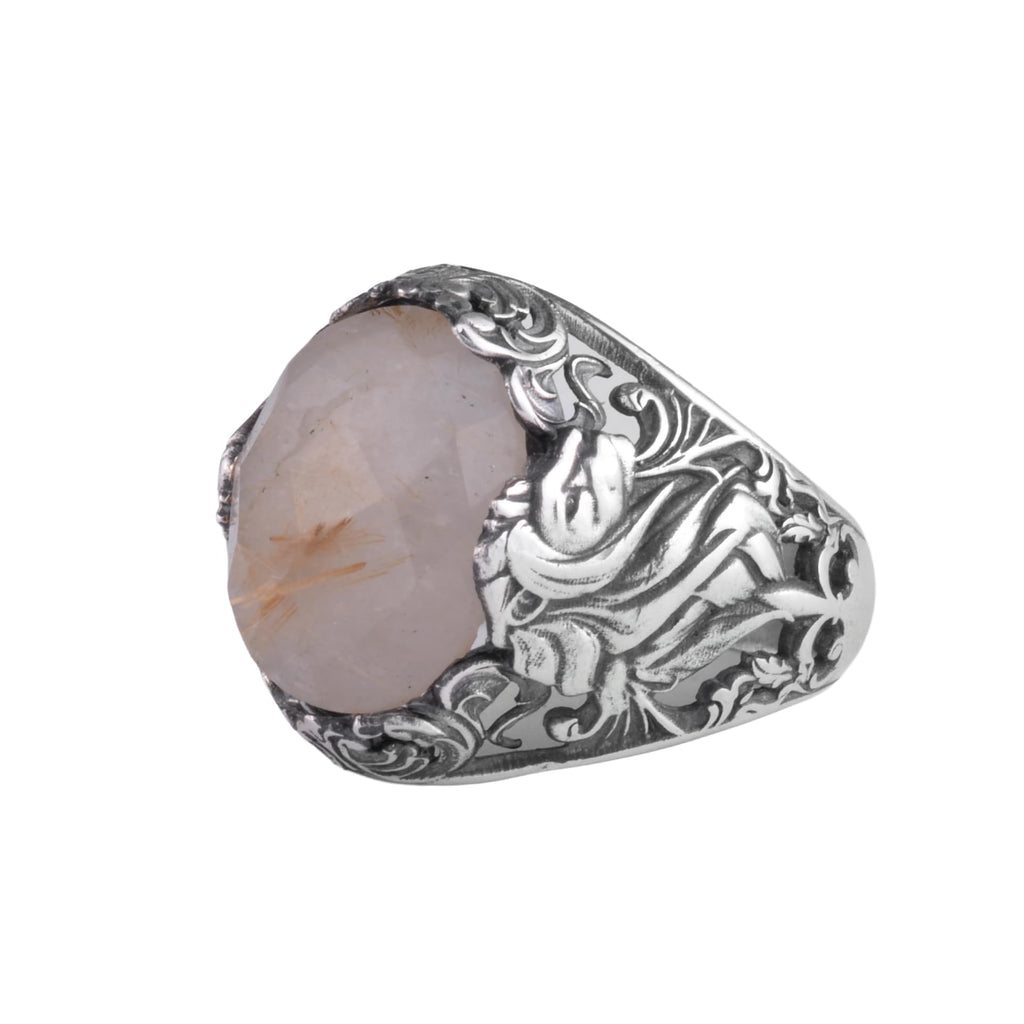 KAMBO Natural Stone Men's Ring 925 Sterling Silver - Large Flower Engraved Statement Ring - Handmade Vintage Ring for Men (Rutilated Quartz)