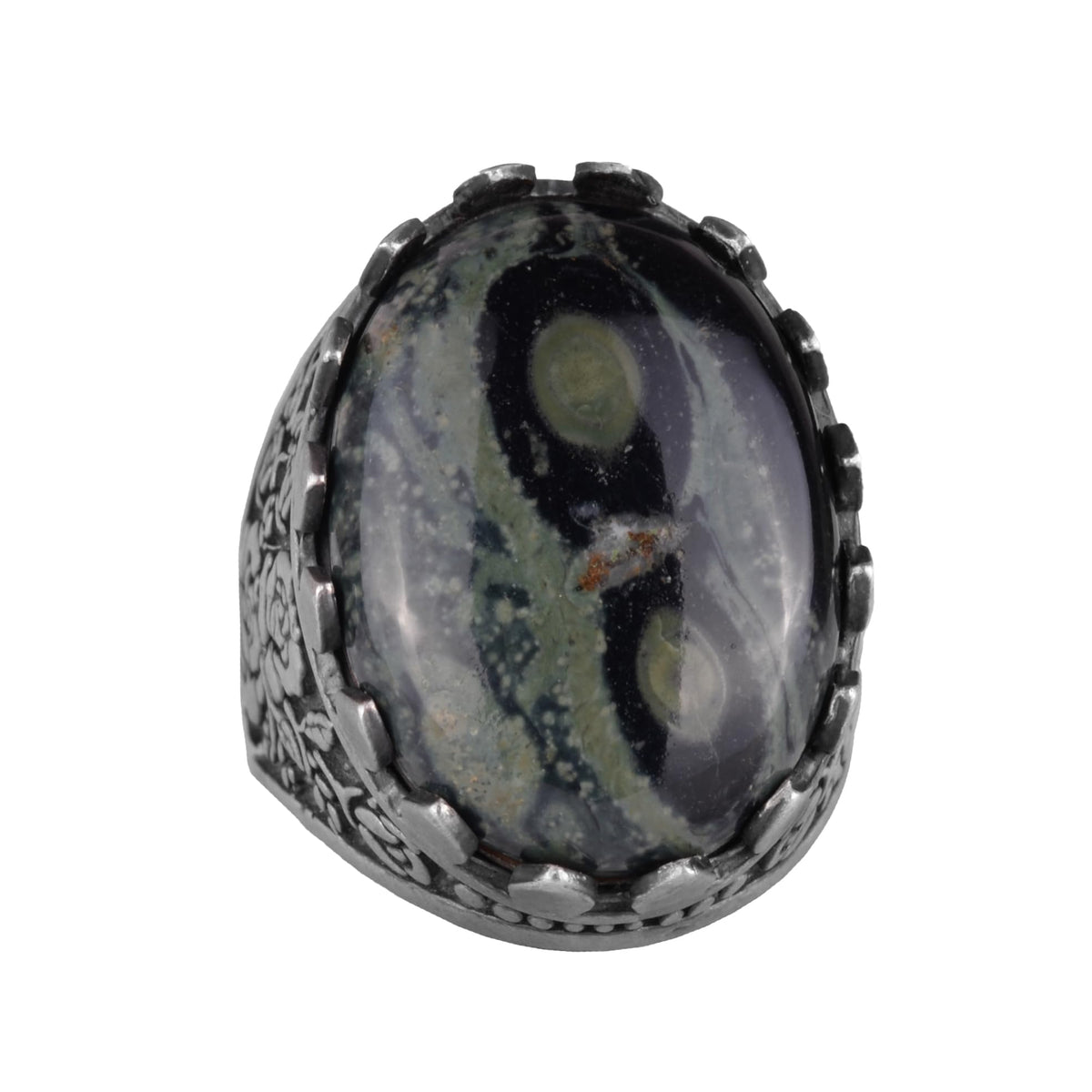 Natural Green Eye Stone Ring - Rose Pattern 925 Sterling Silver Handmade Ring