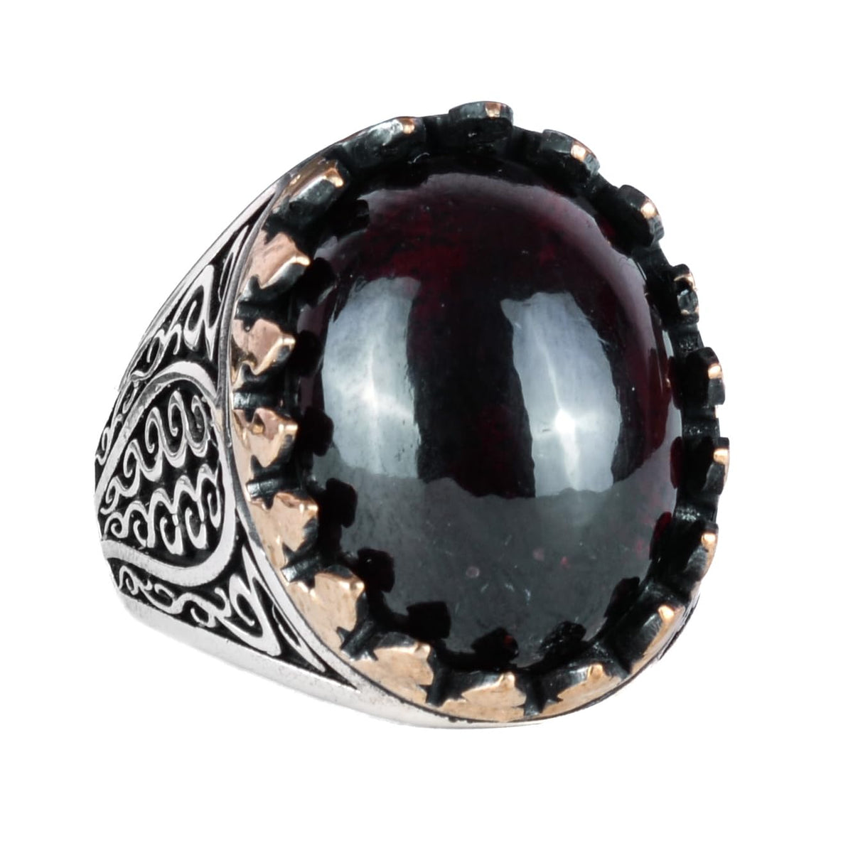 925 Sterling Silver Men's Ring - Cabochon Garnet Stone