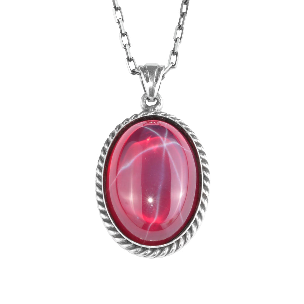 KAMBO Natural Stone Chain Unisex Necklace 925 Sterling Silver – Handmade Oval Description Necklace (Star Ruby)