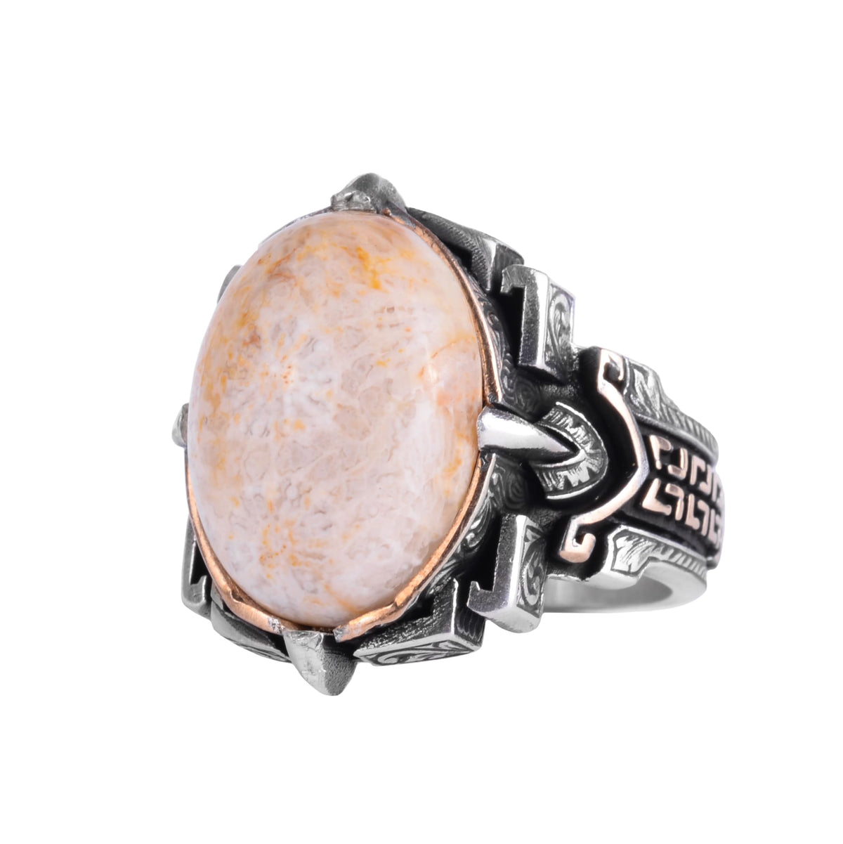 KAMBO Natural Stone Ring 925 Sterling Silver – Handmade Men's Statement Ring Healing Jewelry (Coral)
