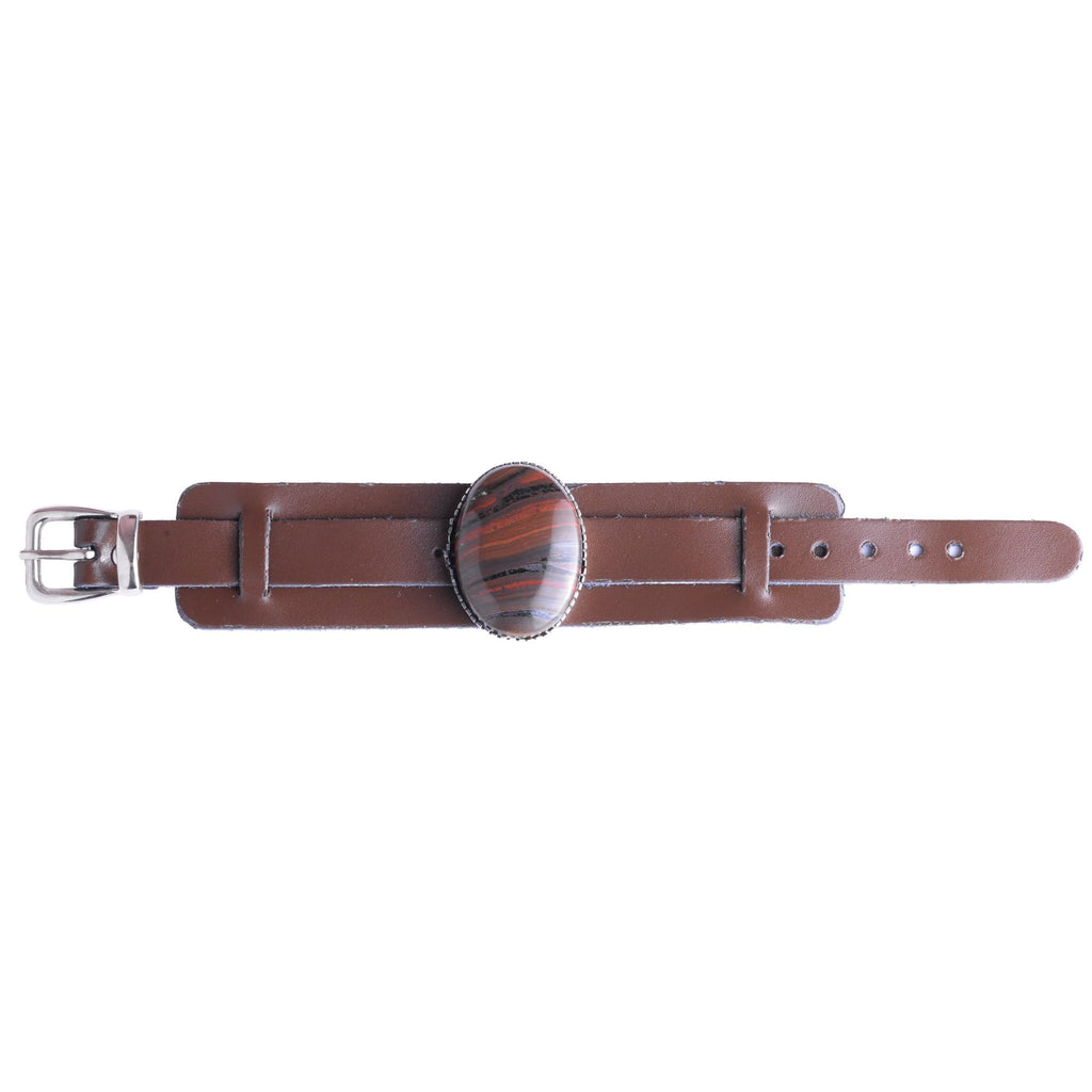 KAMBO Genuine Leather Cuff Bracelet for Men, Blood Stone Natural Gem in 925 Sterling Silver Frame, Handmade Wide Wristba