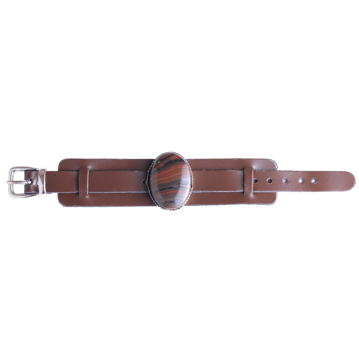 KAMBO Genuine Leather Cuff Bracelet for Men, Blood Stone Natural Gem in 925 Sterling Silver Frame, Handmade Wide Wristba