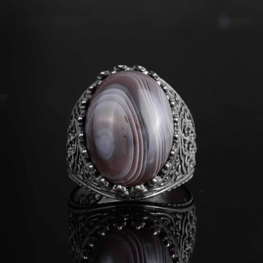 KAMBO Men's Natural Agate Stone Ring – 925 Sterling Silver Handmade Oval Islamic Design – Unique Vintage Men's Jewelry (Style-3) — 4