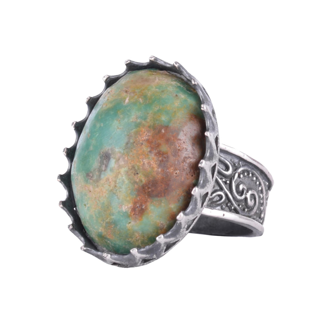 KAMBO Natural Arizona Turquoise Stone Large Ring Men's 925 Sterling Silver Crown Frame Oval Cabochon Ottoman Pattern Handmade Statement Ring (Turquoise-1)