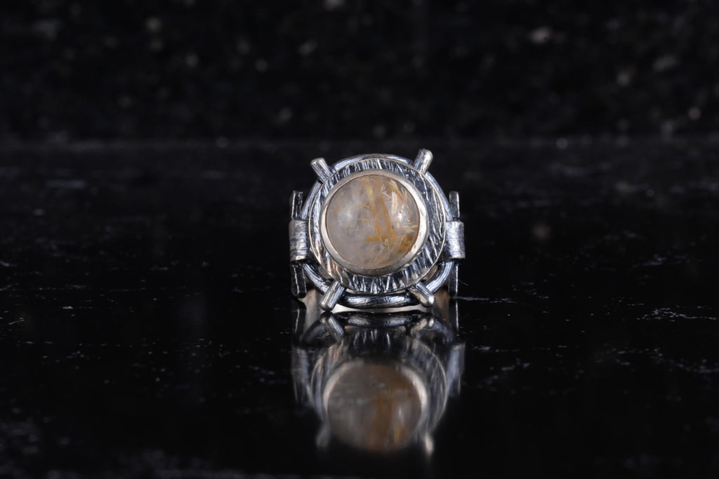 KAMBO Natural Rutilated Quartz Gold Women's Ring with 925 Sterling Silver Adjustable Industrial Nail Design Handmade — 4