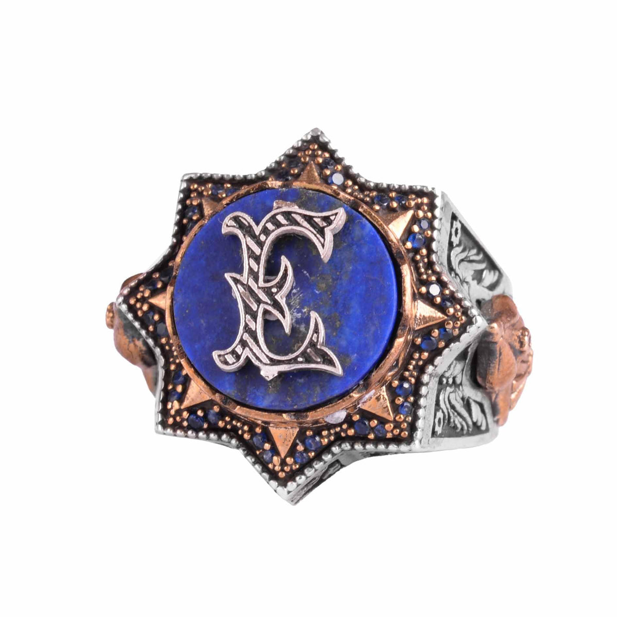 KAMBO Natural Lapis Lazuli Stone 925 Sterling Silver Men's Ring – Special Calligraphy Star Shape – Bold Handmade Statement Ring