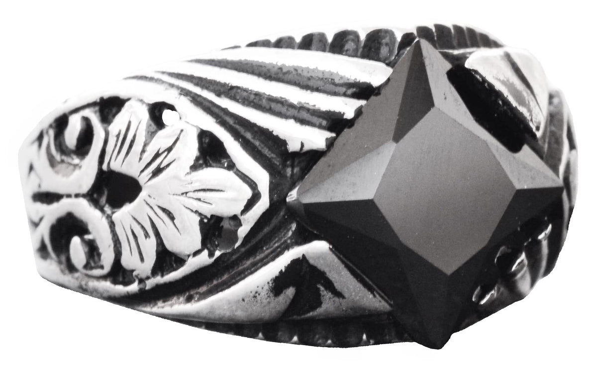 Handcrafted 925 Sterling Silver Men's Ring with Natural Obsidian Stone, Intricate Floral Design, Perfect for Scorpio, Unique Wedding Ring