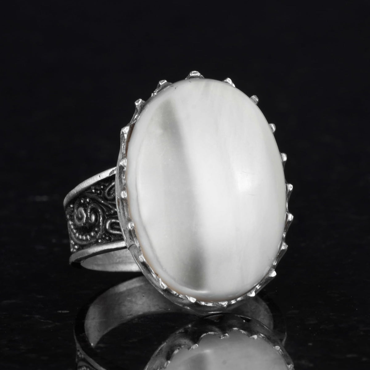 Natural Oyster Shell Stone Ring - 925 Sterling Silver Handmade Ring — 5