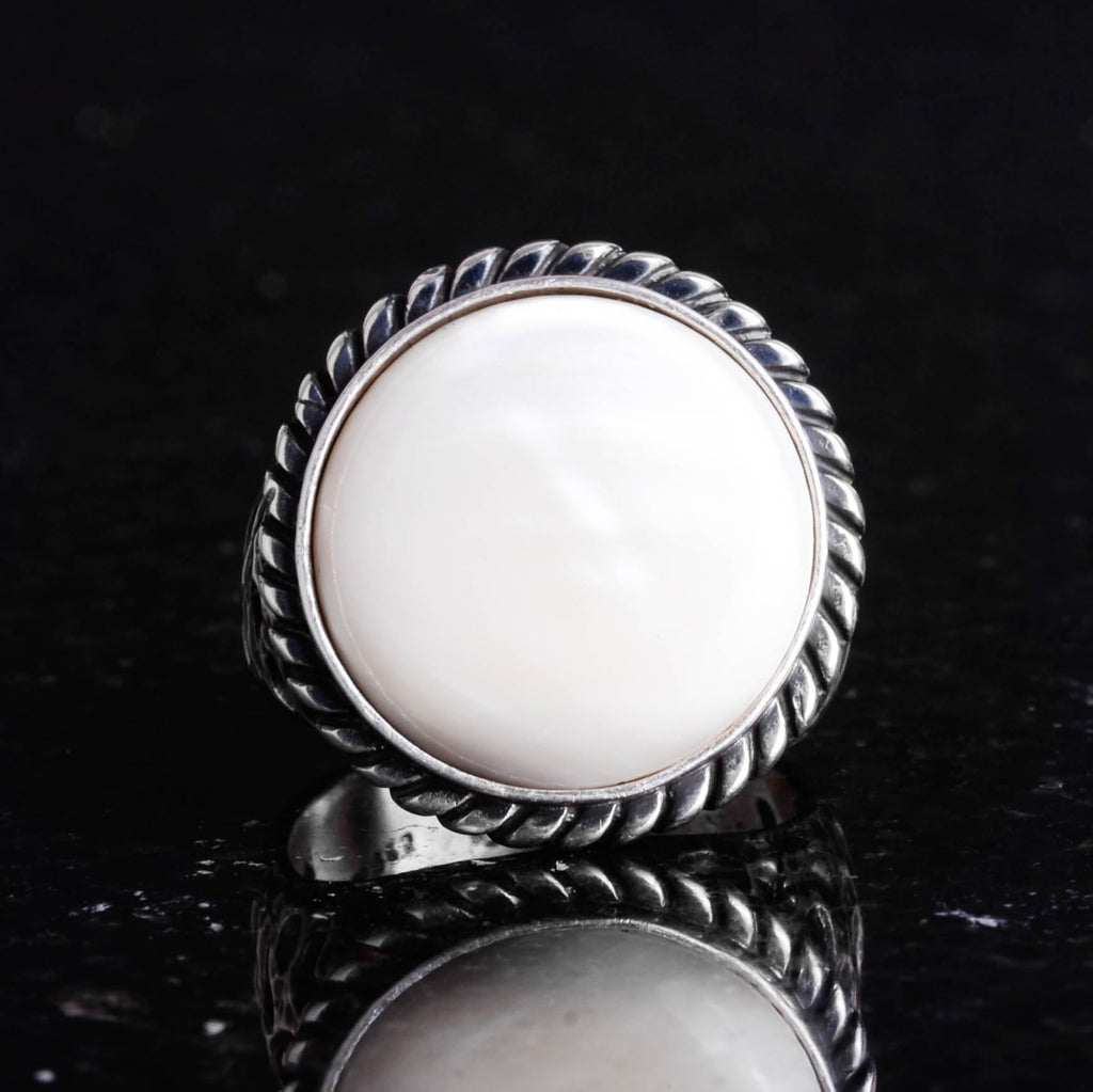 Real Natural Mother of Pearl Stone Ring - 925 Sterling Solid Silver Men's Ring — 3