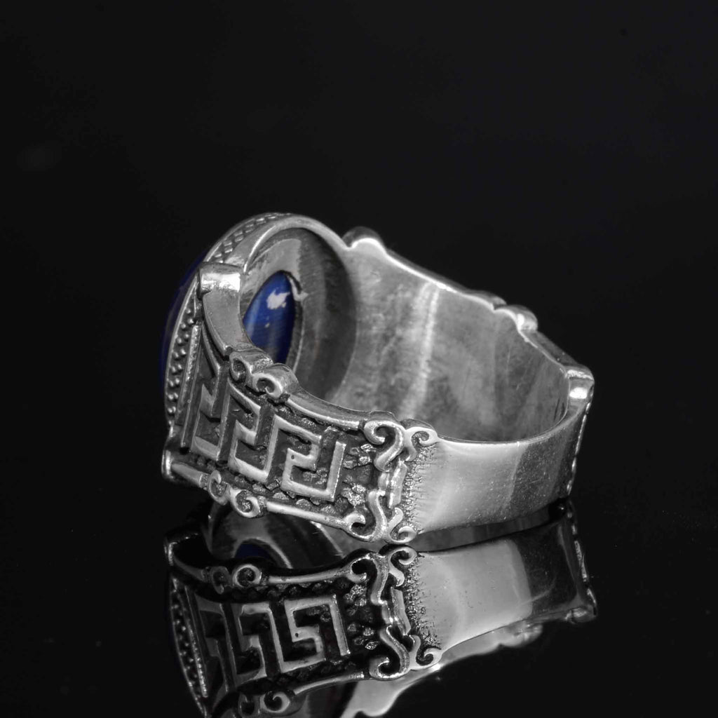 KAMBO 925 Sterling Silver Natural Stone Men's Ring – Labyrinth Pattern Handmade Vintage Statement Ring (Star Sapphire) — 8