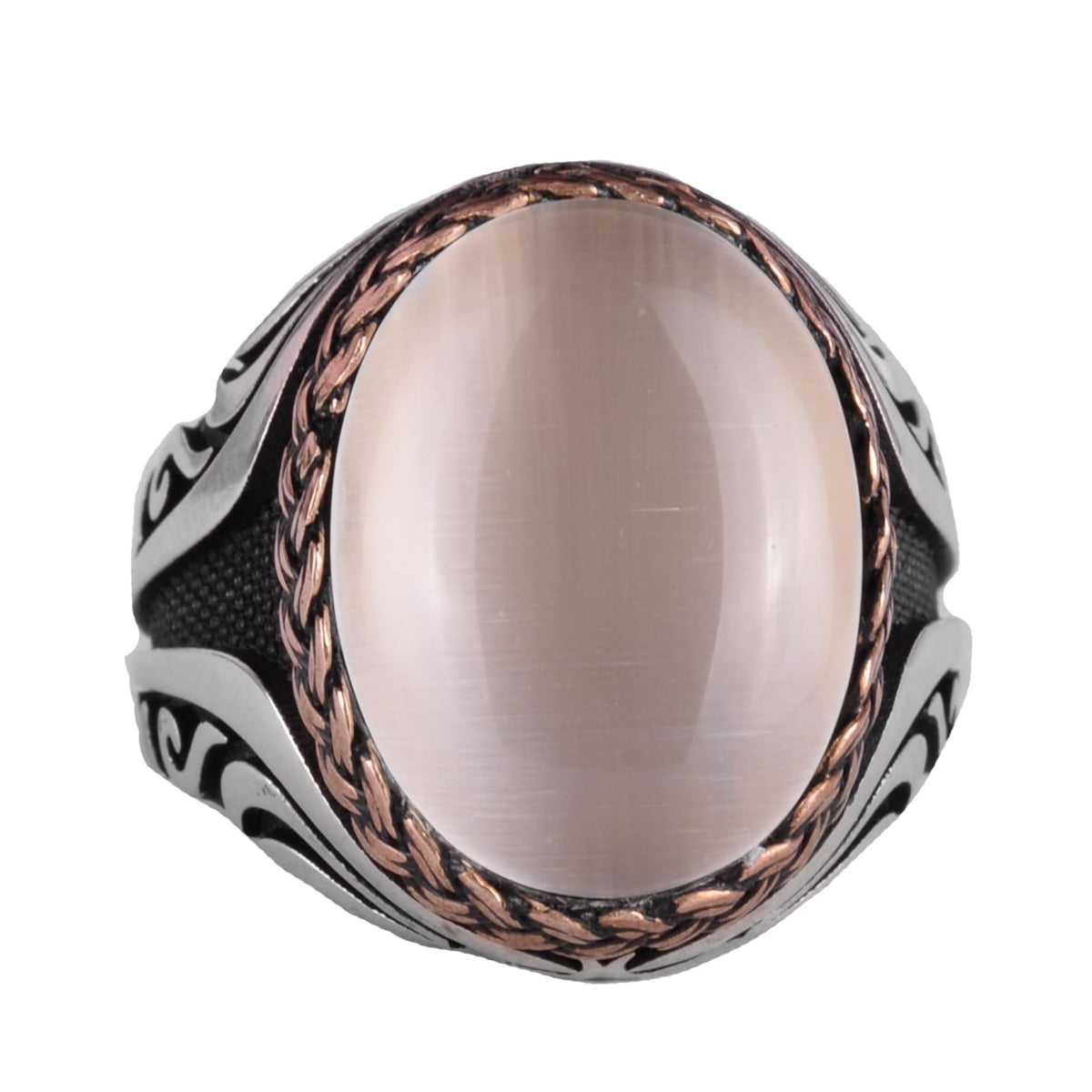925 Sterling Silver Ring - Silver Ring with Synthetic Stone - Handmade Ring (White Cat's Eye)