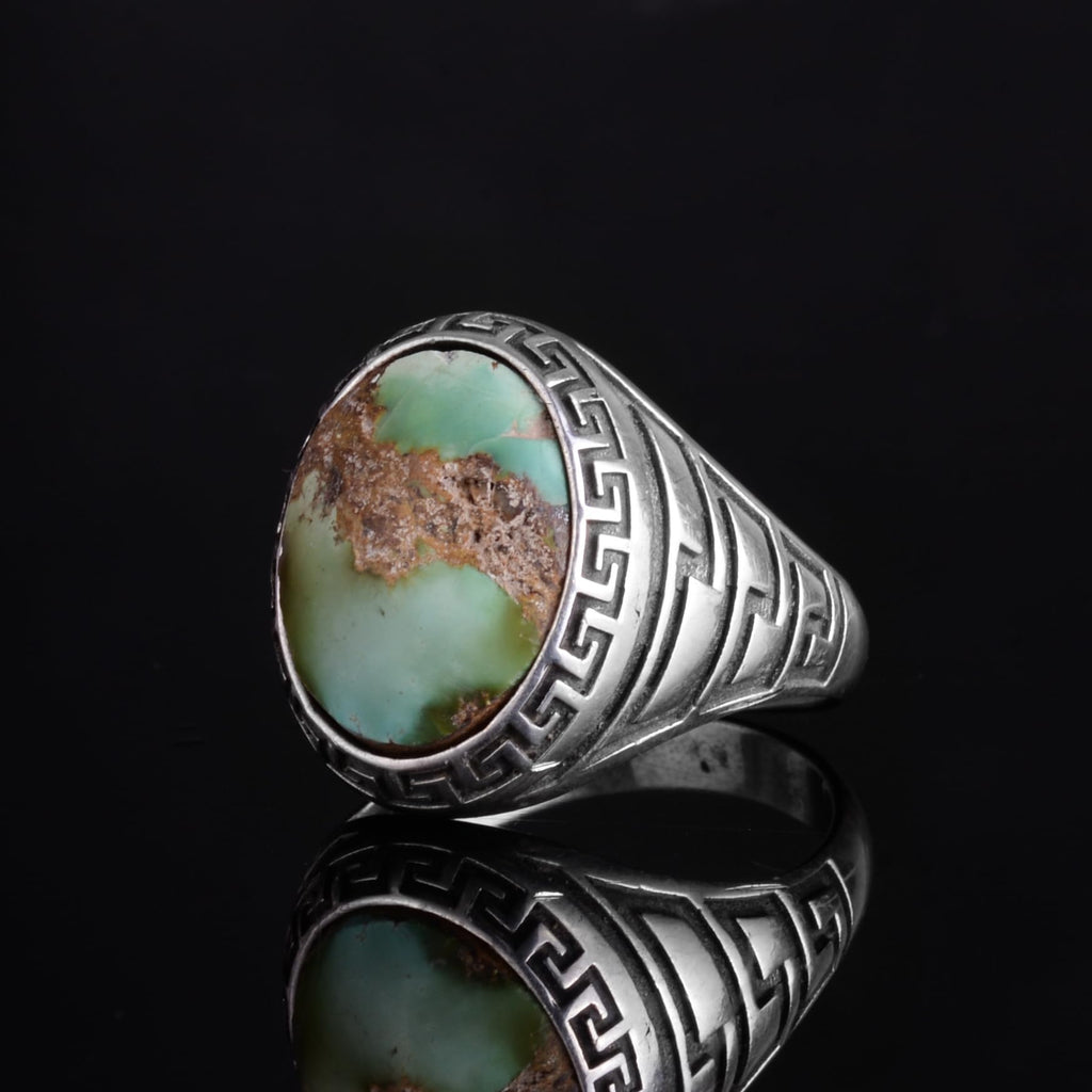 KAMBO Men's Natural Turquoise Stone Ring – 925 Sterling Silver Ring with Maze Side Designs – Handmade Minimalist Descriptive Jewelry (Style-5) — 5