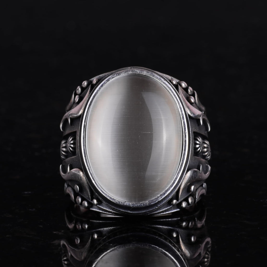 925 Sterling Silver Ring, Designer Silver Men's Ring (White Synthetic Cat's Eye Stone) — 4
