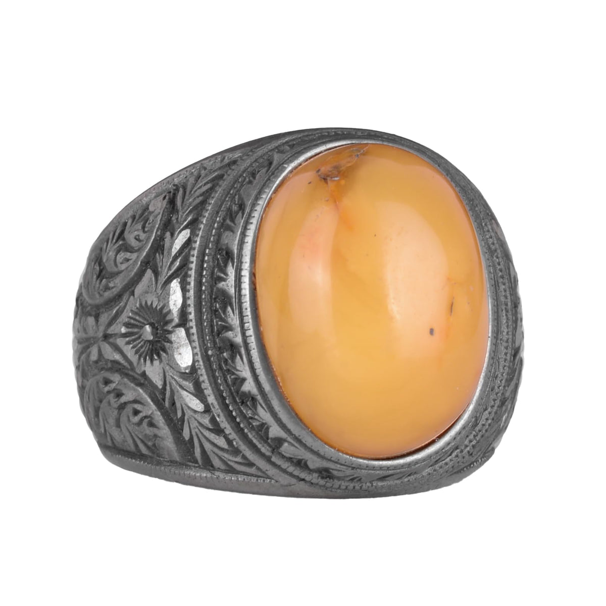 Kambo Natural Amber Gemstone Ring - 925 Sterling Silver Men's Ring - Handcrafted Anatolian Pattern Design