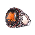 KAMBO Natural Amber Rose Pattern Men's Ring - 925 Sterling Silver Oval Seal Ring, Handmade Vintage Jewelry