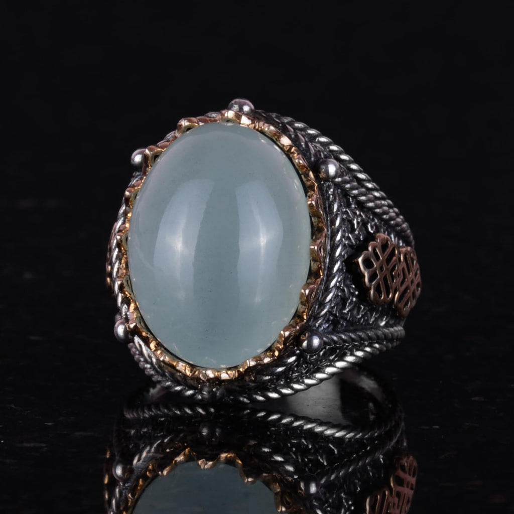 Natural Cabochon Aquamarine Stone Ring, 925 Sterling Silver Men's Ring — 4