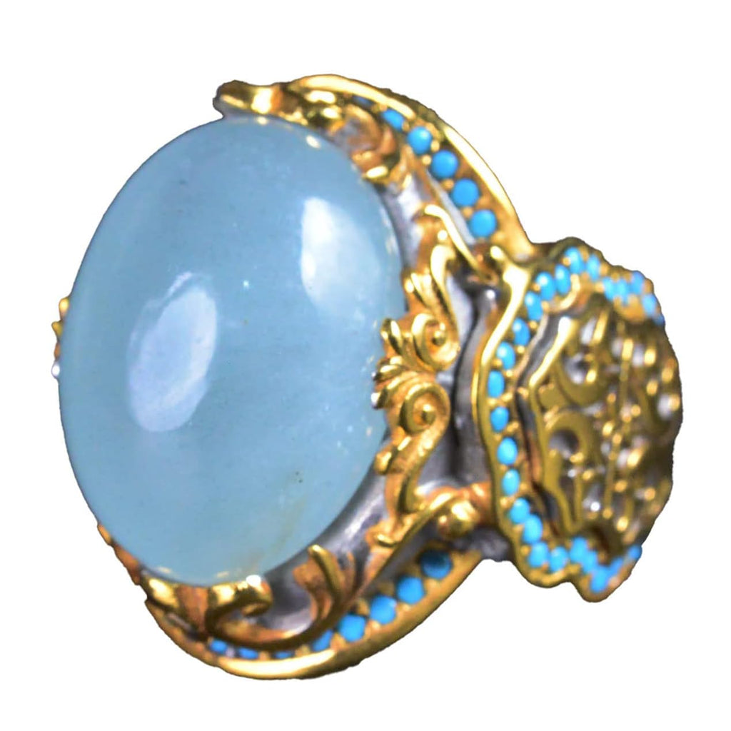 Natural Aquamarine Gold Plated Ring - 925 Sterling Silver Handmade Men's Jewelry