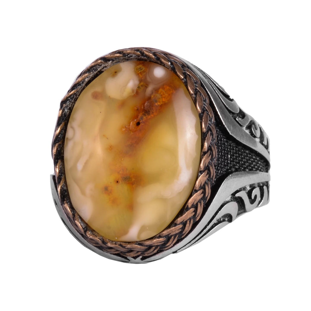KAMBO Men's Natural Baltic Amber Stone Ring – 925 Sterling Silver Handmade Statement Ring – Authentic Amber Jewelry with Ottoman Style Details (Style-8)