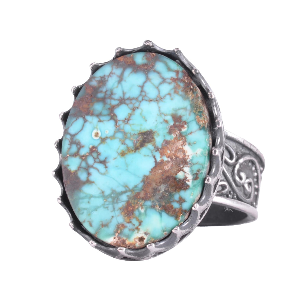 KAMBO Natural Arizona Turquoise Stone Large Ring Men's 925 Sterling Silver Crown Frame Oval Cabochon Ottoman Pattern Handmade Statement Ring (Turquoise)