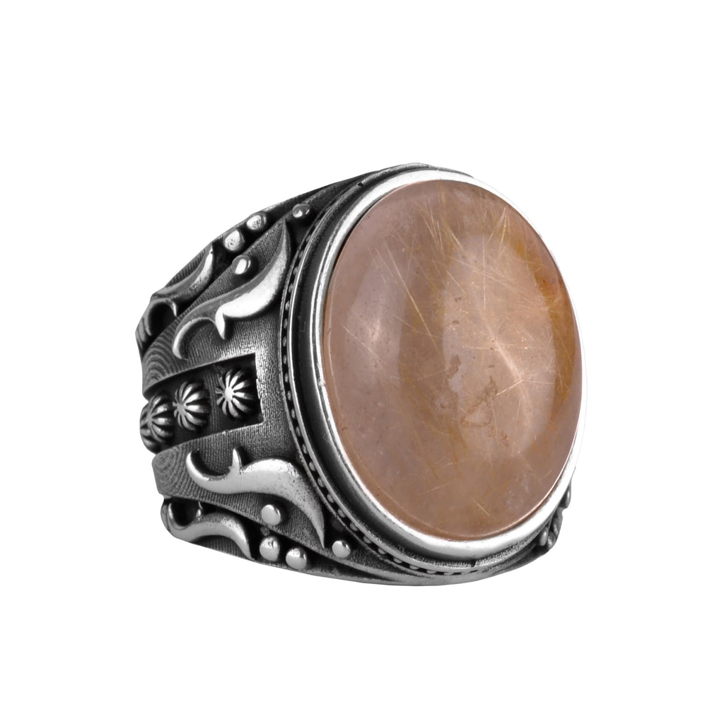 Natural Cabochon Gold Rutilated Quartz Stone Ring