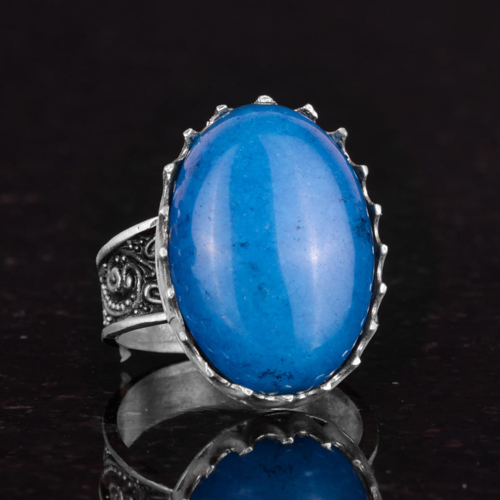 Kambo Real Natural Stone Ring - 925 Sterling Silver Large Handcrafted Ring (Blue Agate) — 5