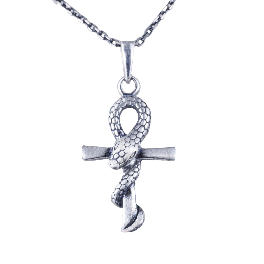KAMBO 925 Sterling Silver Ankh and Snake Necklace - Handmade Symbol of Life and Transformation - Cross Necklace