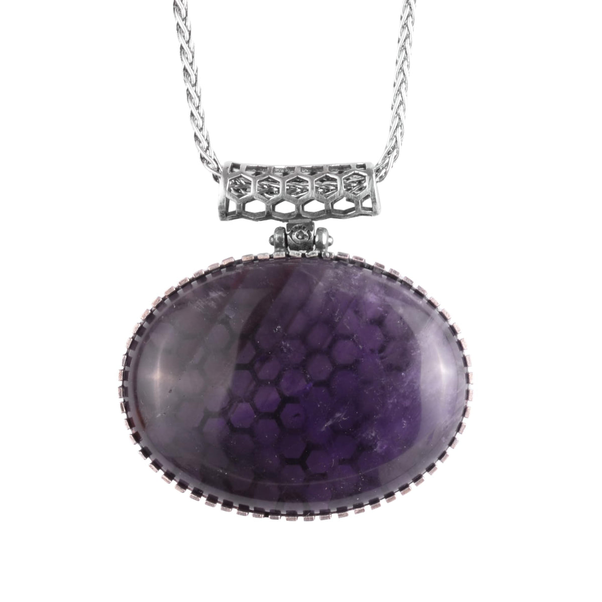KAMBO Natural Stone Horizontal Large Men's Chain Necklace 925 Sterling Silver – Oval Stone Necklace (Amethyst)