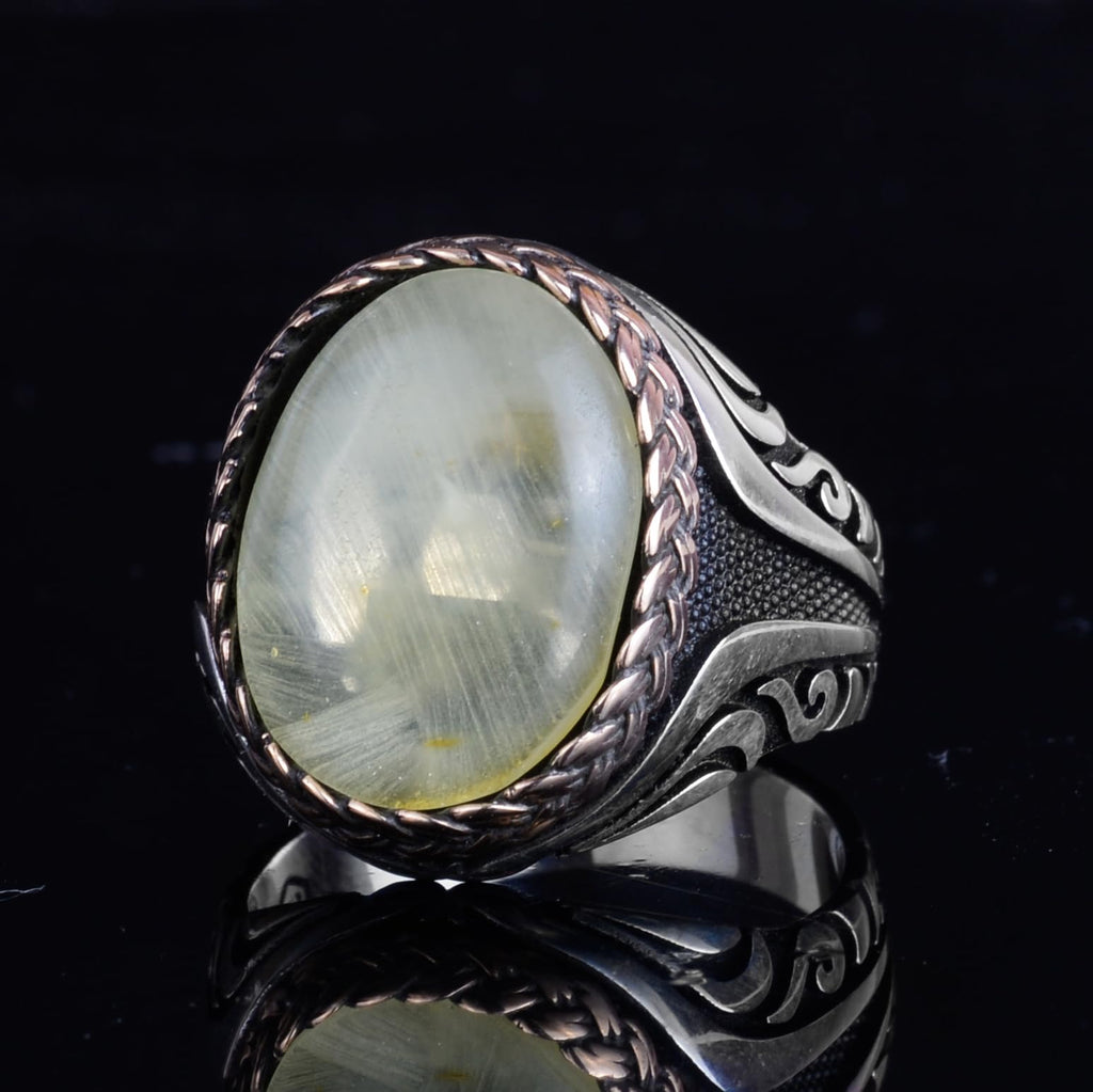 KAMBO Men's Natural Baltic Amber Stone Ring – 925 Sterling Silver Handmade Statement Ring – Authentic Amber Jewelry with Ottoman Style Details (Style-3) — 5