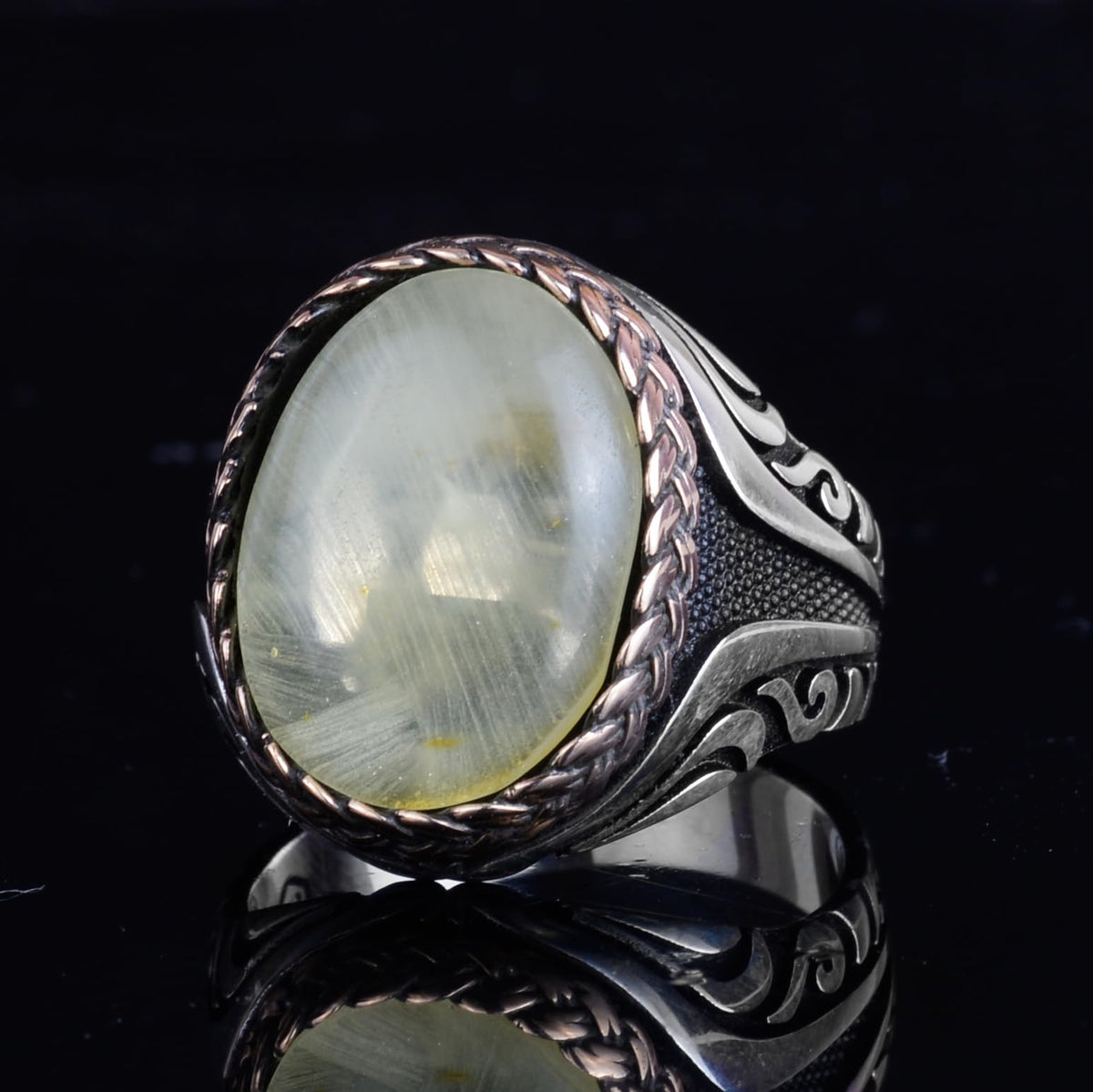 KAMBO Men's Natural Baltic Amber Stone Ring – 925 Sterling Silver Handmade Statement Ring – Authentic Amber Jewelry with Ottoman Style Details (Style-3) — 5