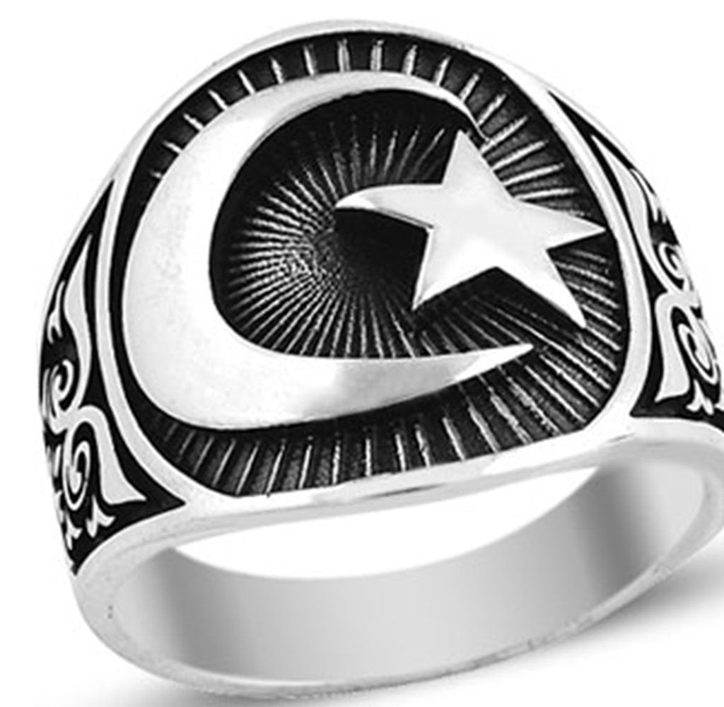 Silver Men's Moon Star Ring - Symbolic Islamic Jewelry, Turkish Flag Ring