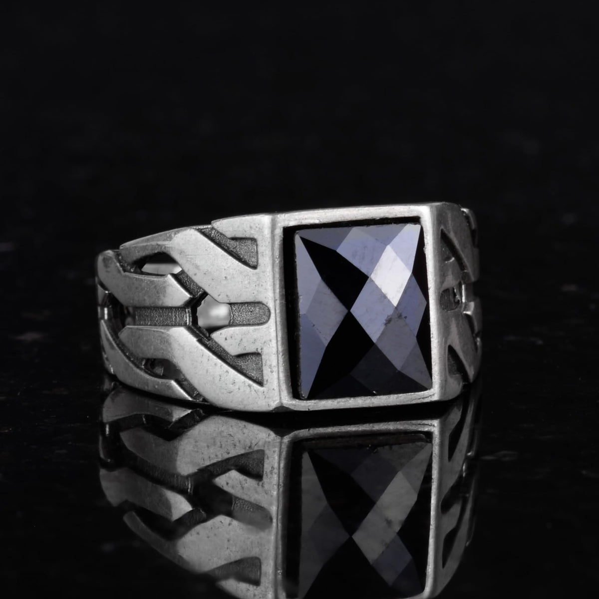 KAMBO Silver Greek Key Ring with Synthetic Onyx Stone — 4