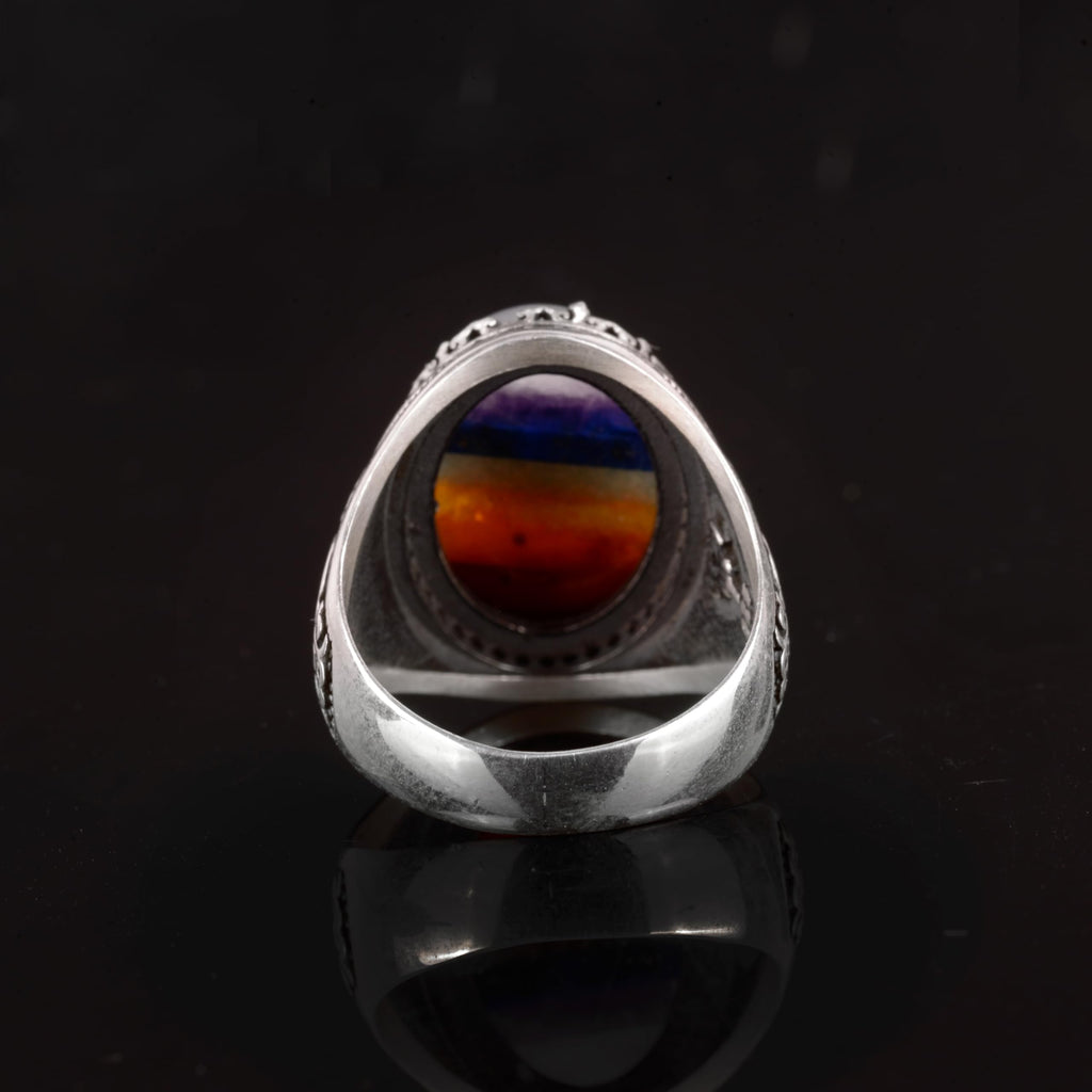 Silver Men's Ring, Rainbow 7 Different Natural Stones Sum Ring, Multi-Colored Ring — 6