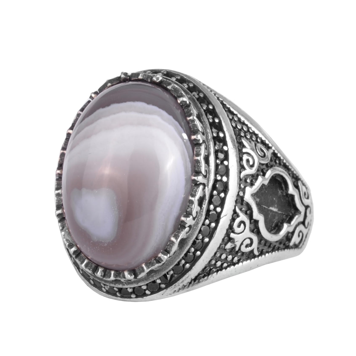 KAMBO Natural Agate Stone Men's Ring – Band Stone – 925 Sterling Silver Handmade Statement Ring – Vintage Ottoman Style Men's Jewelry (Agate-2)