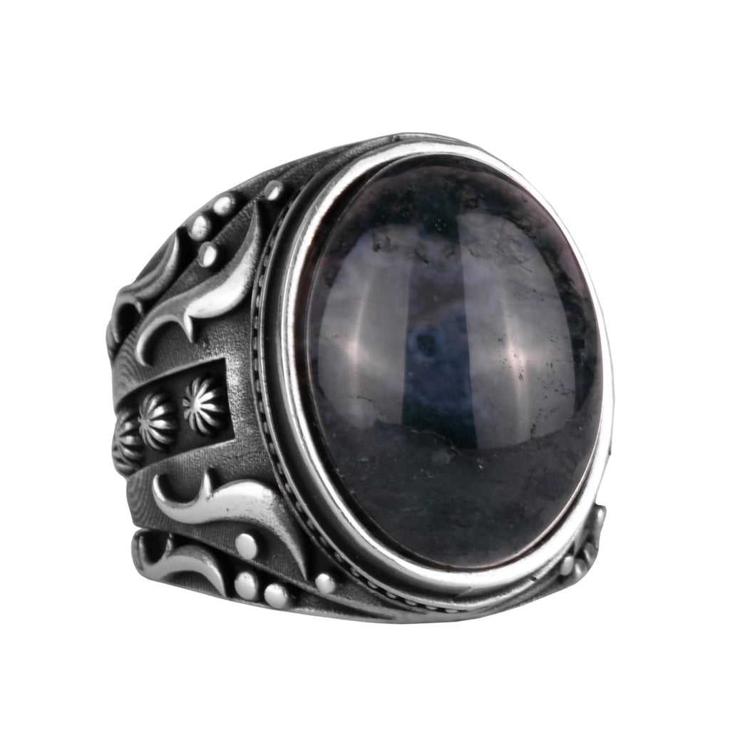 925 Sterling Silver Men's Ring, Decorative Agate Stone Ring - Handmade Elegance