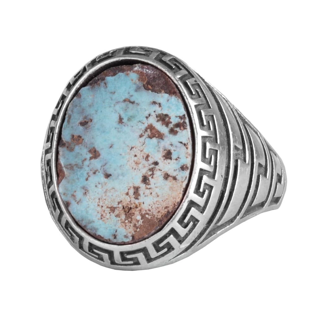 KAMBO Men's Natural Turquoise Stone Ring – 925 Sterling Silver Ring with Maze Side Designs – Handmade Minimalist Descriptive Jewelry (Style-6)